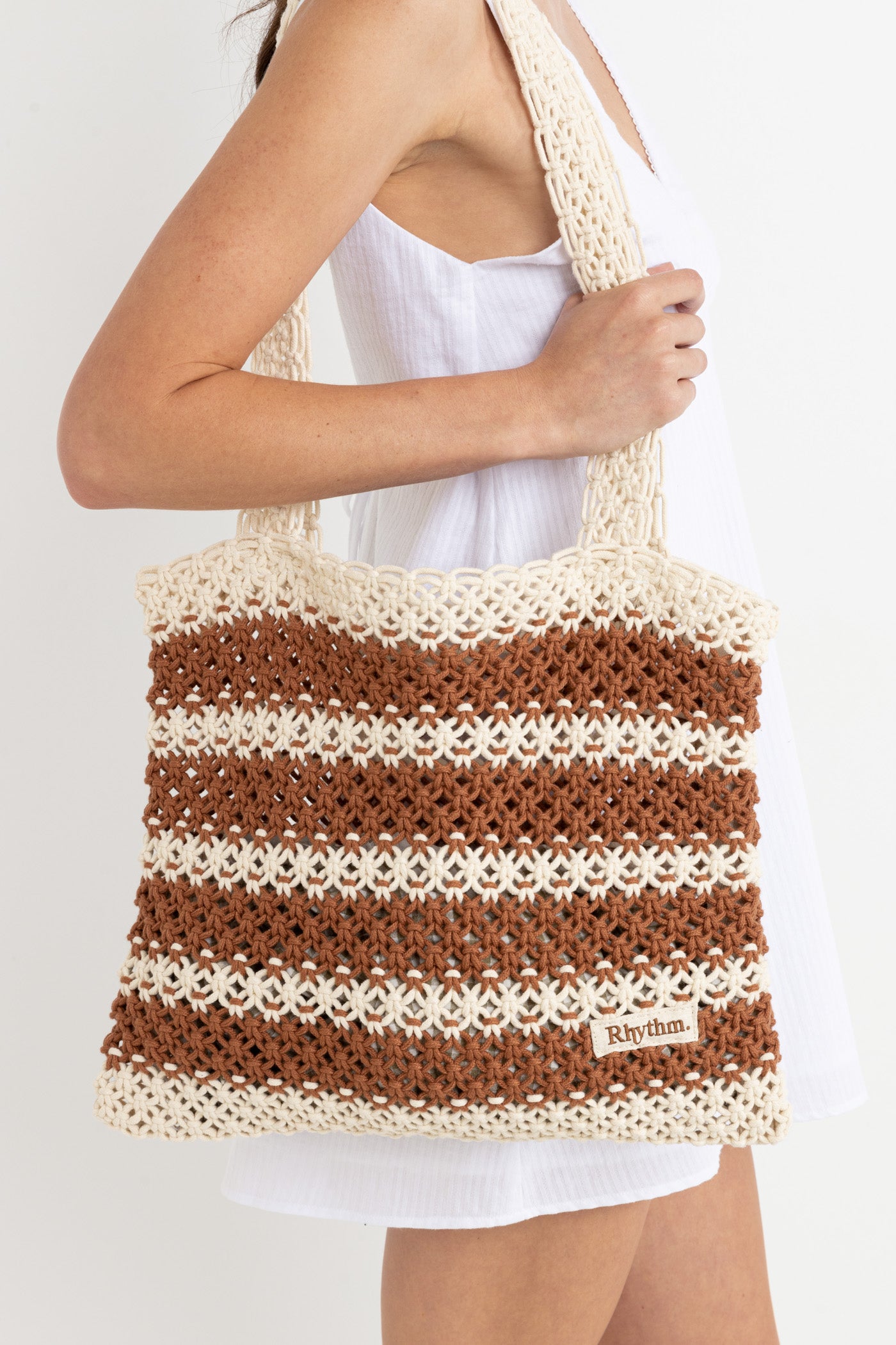 Cove Stripe Crochet Tote Bag - Caramel