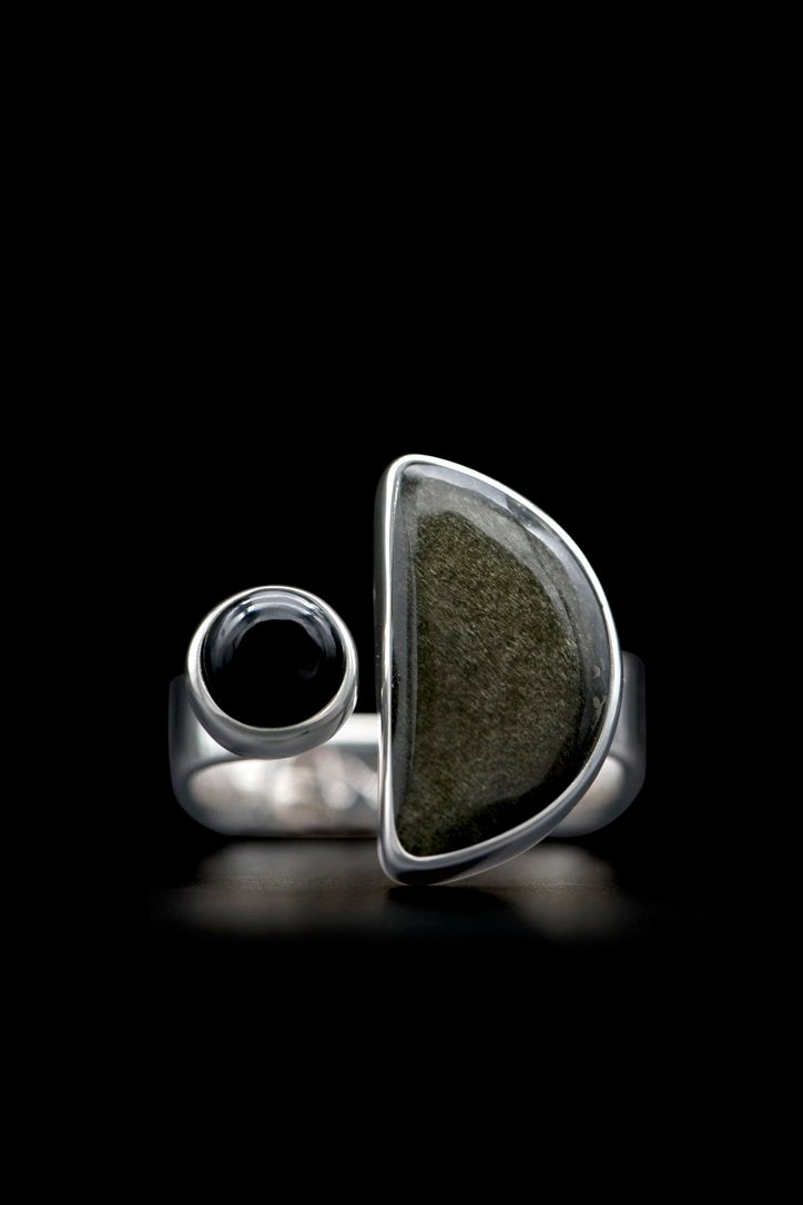 Celeste Gold Obsidian Ring - Silver