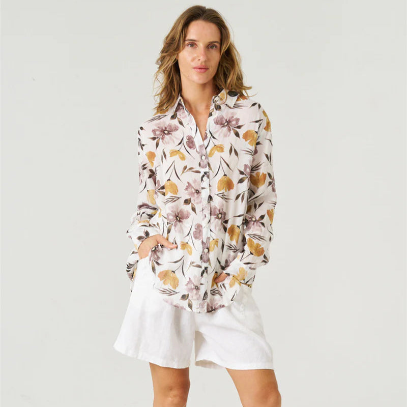 Asta Linen Flower Top - White