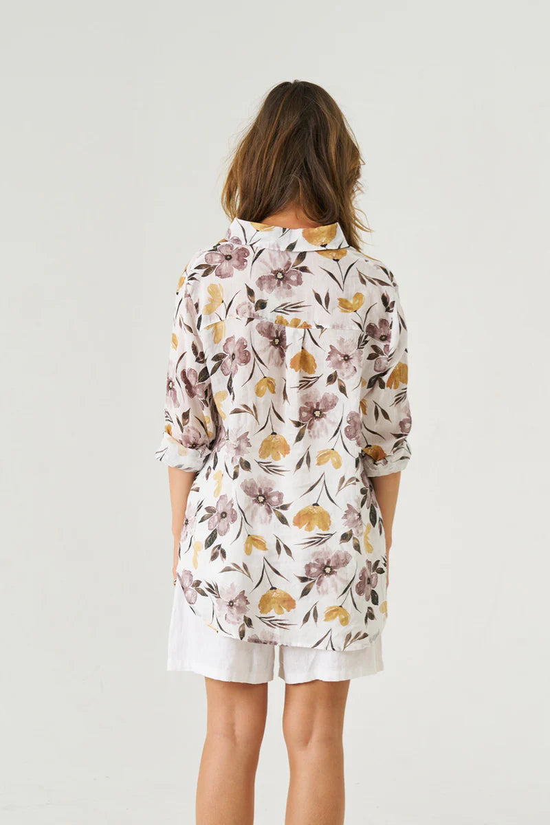 Asta Linen Flower Top - White