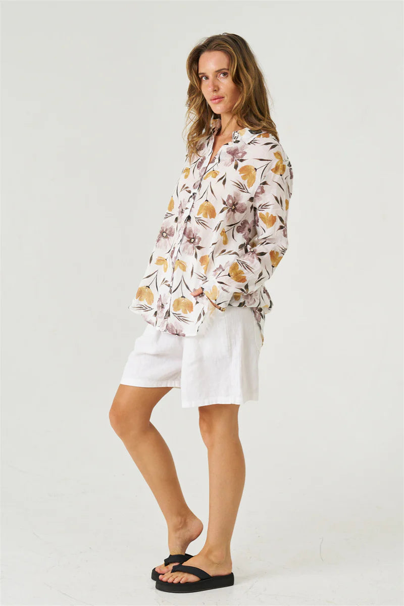 Asta Linen Flower Top - White