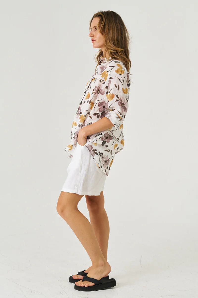 Asta Linen Flower Top - White