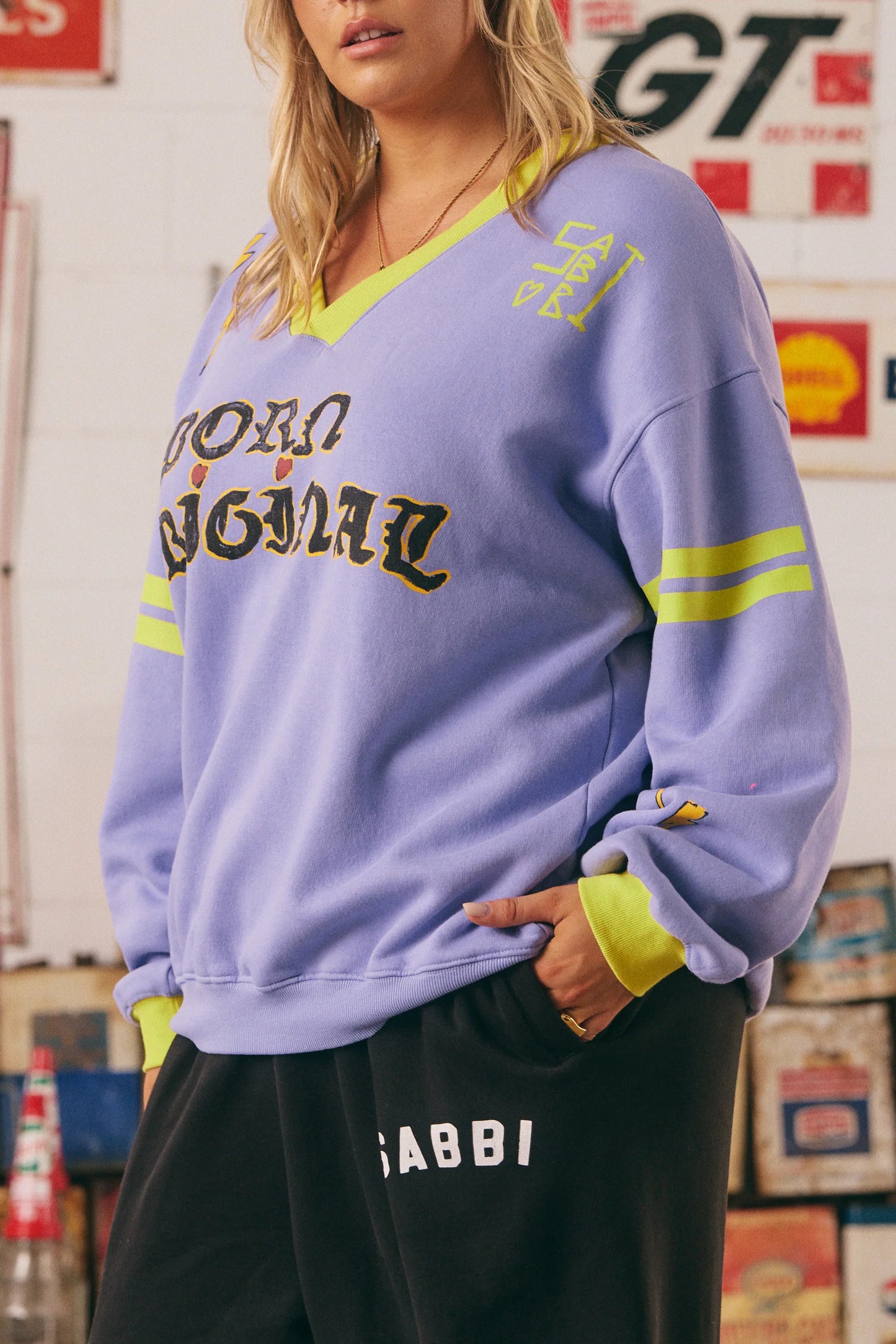 The Born Original V Neck Diego Jumper - Chartreuse and Lilac
