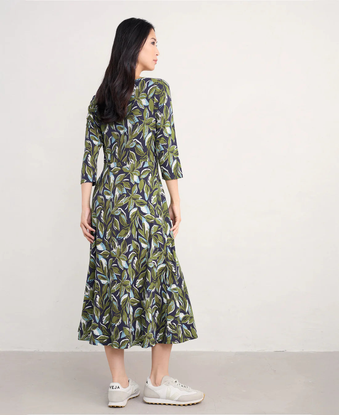 3/4 Wild Bouquet Dress - Tonal Leaves Maritime