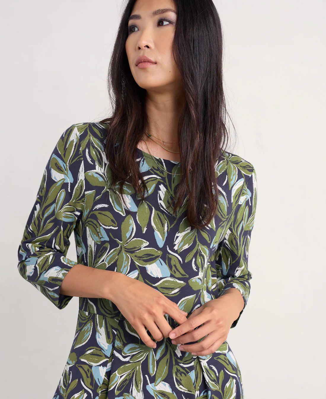 3/4 Wild Bouquet Dress - Tonal Leaves Maritime