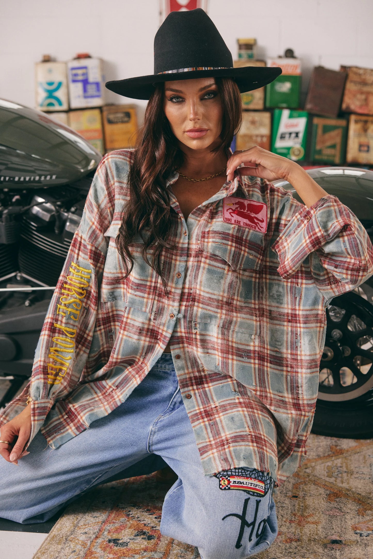 The Horses Power Distressed Flannel Shirt - Burgundy