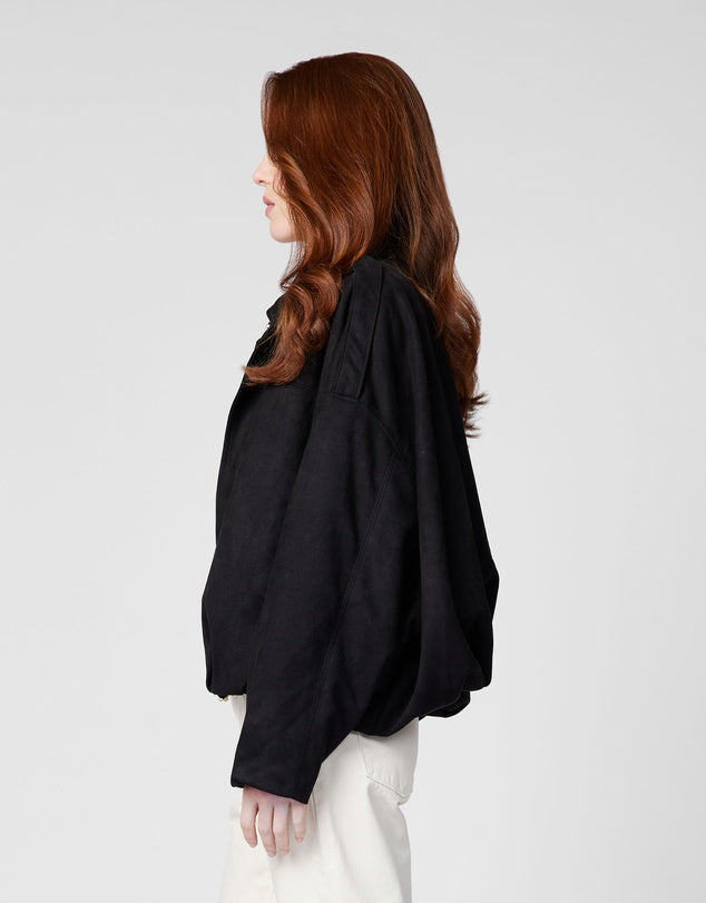Faux Suede Bomber Jacket - Black