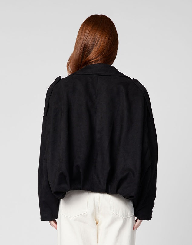 Faux Suede Bomber Jacket - Black