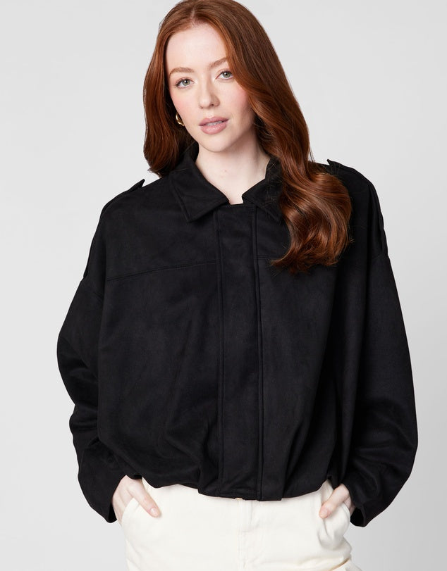 Faux Suede Bomber Jacket - Black