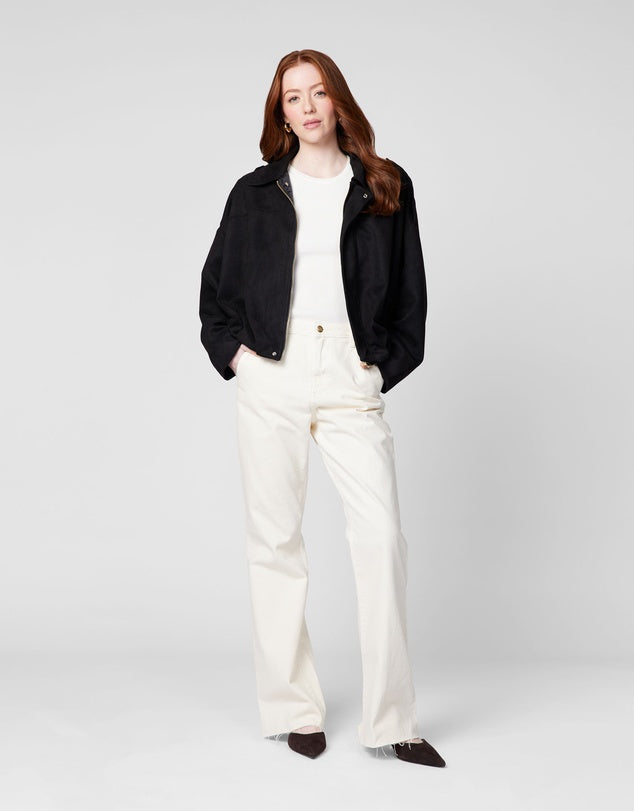 Faux Suede Bomber Jacket - Black