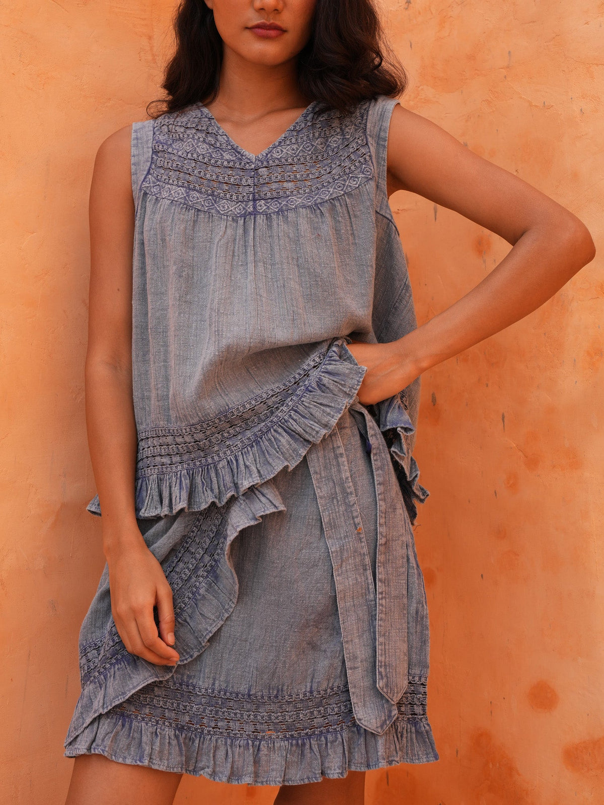Freesia Mini Wrap Skirt - Steel Blue