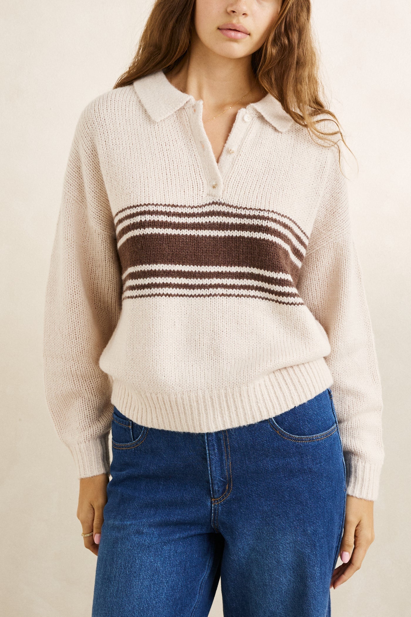 Strata Knit Collared Jumper - Natural