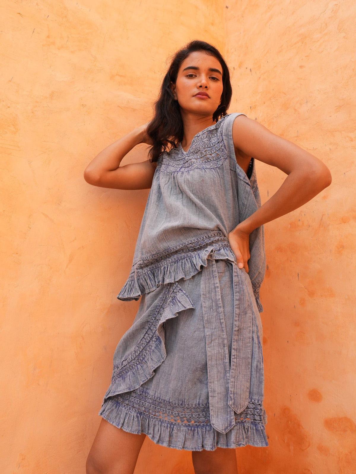 Freesia Mini Wrap Skirt - Steel Blue