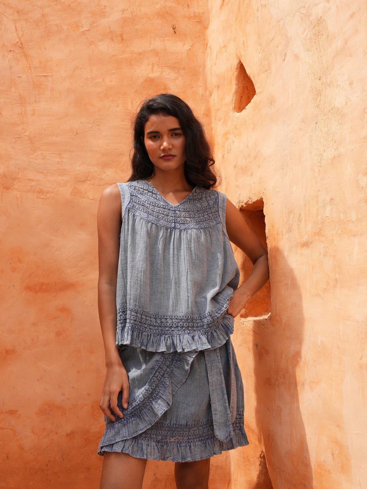 Freesia Mini Wrap Skirt - Steel Blue