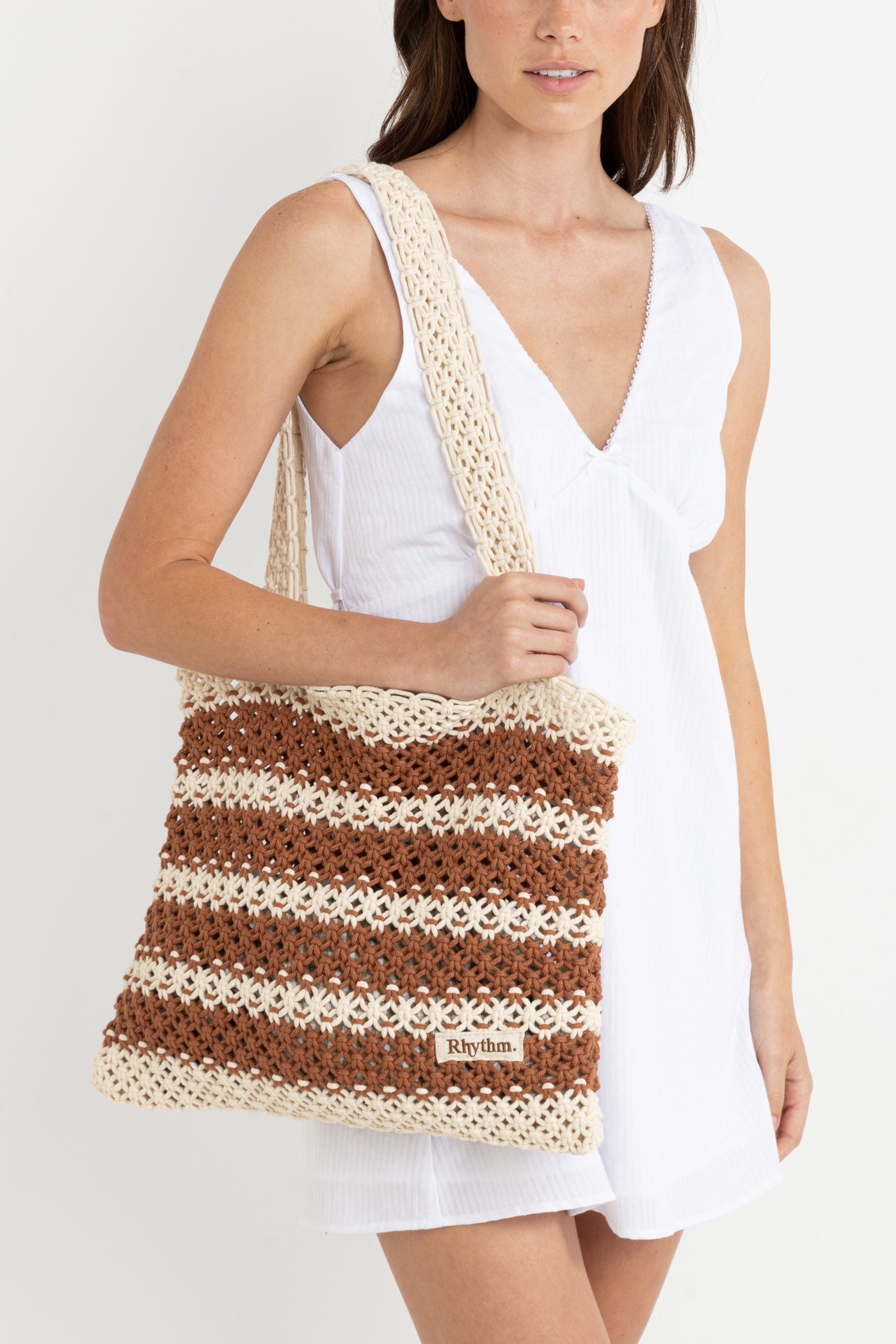 Cove Stripe Crochet Tote Bag - Caramel