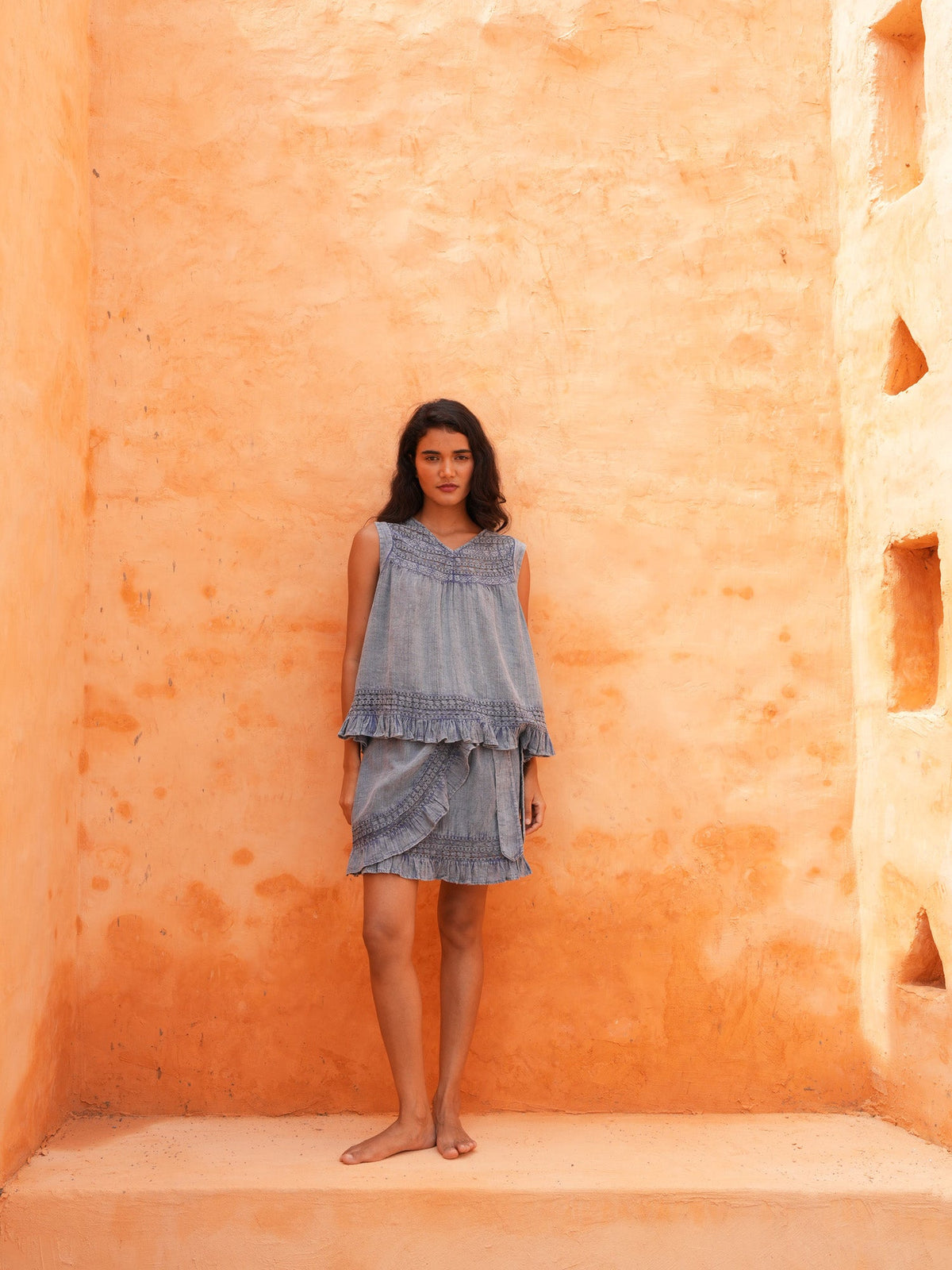 Freesia Mini Wrap Skirt - Steel Blue