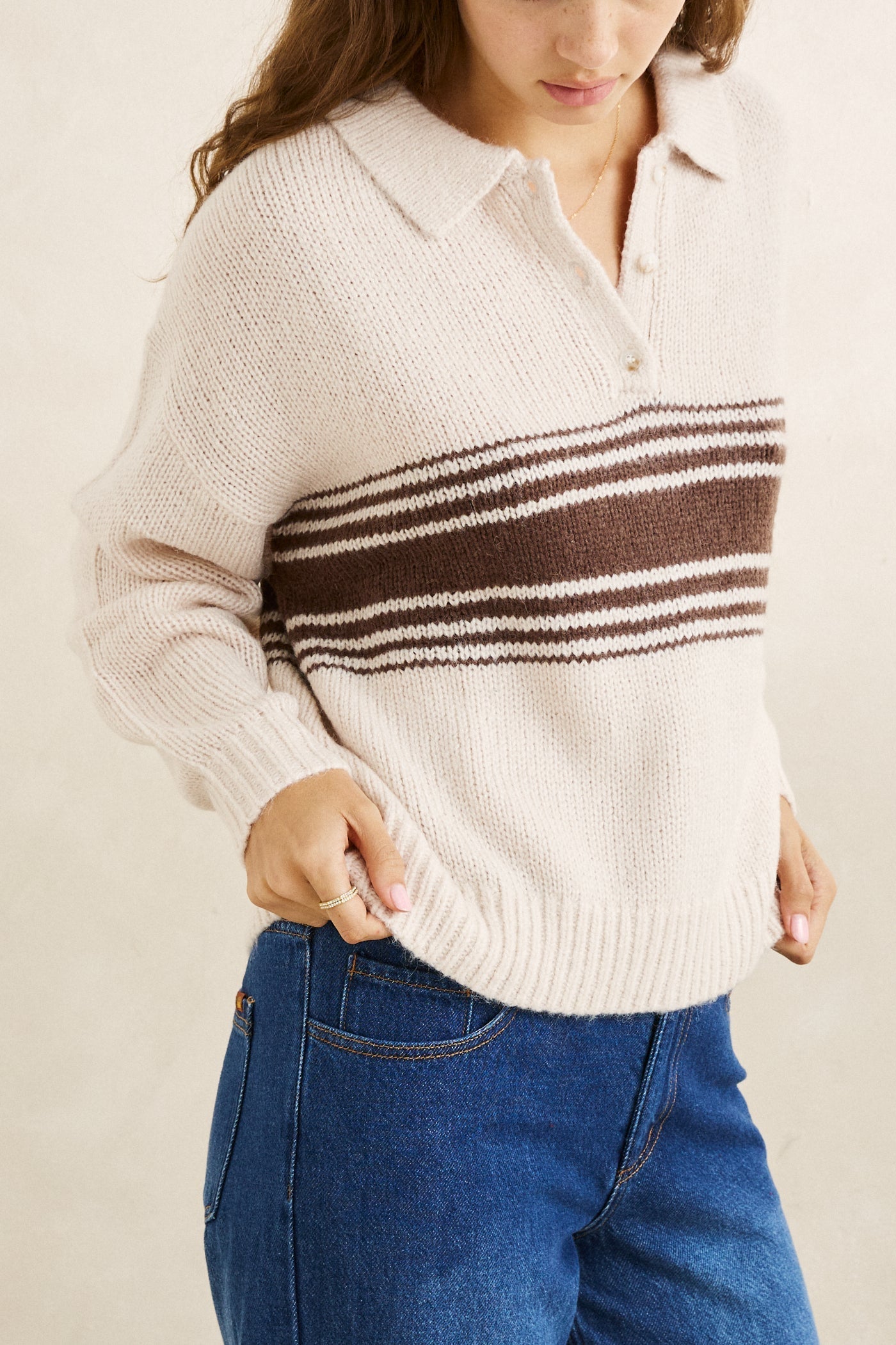 Strata Knit Collared Jumper - Natural