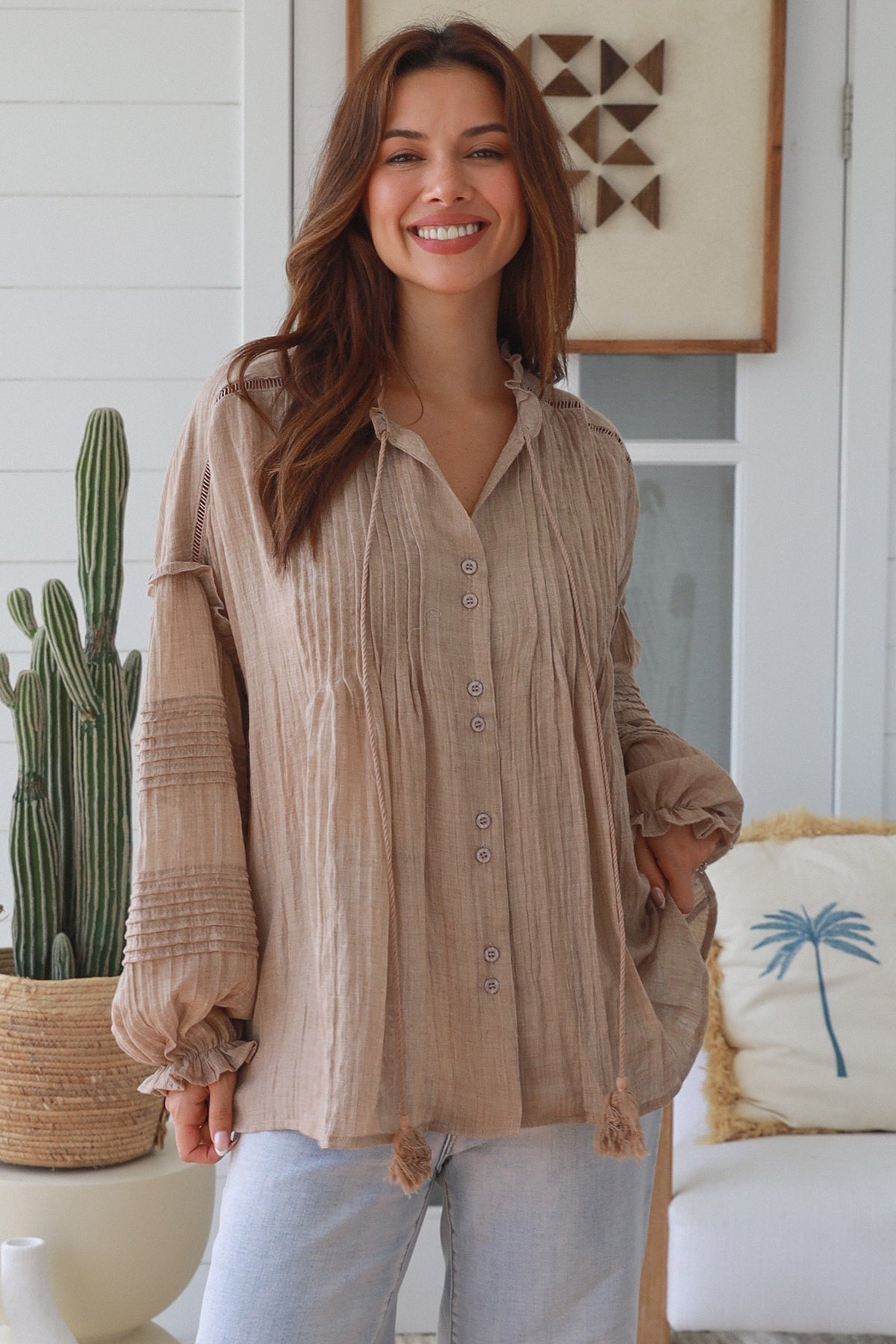 Wren Pintuck Blouse - Taupe - Isabella The Label