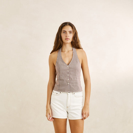 London Check Halter Top - Chocolate - Rhythm at Reborn Code