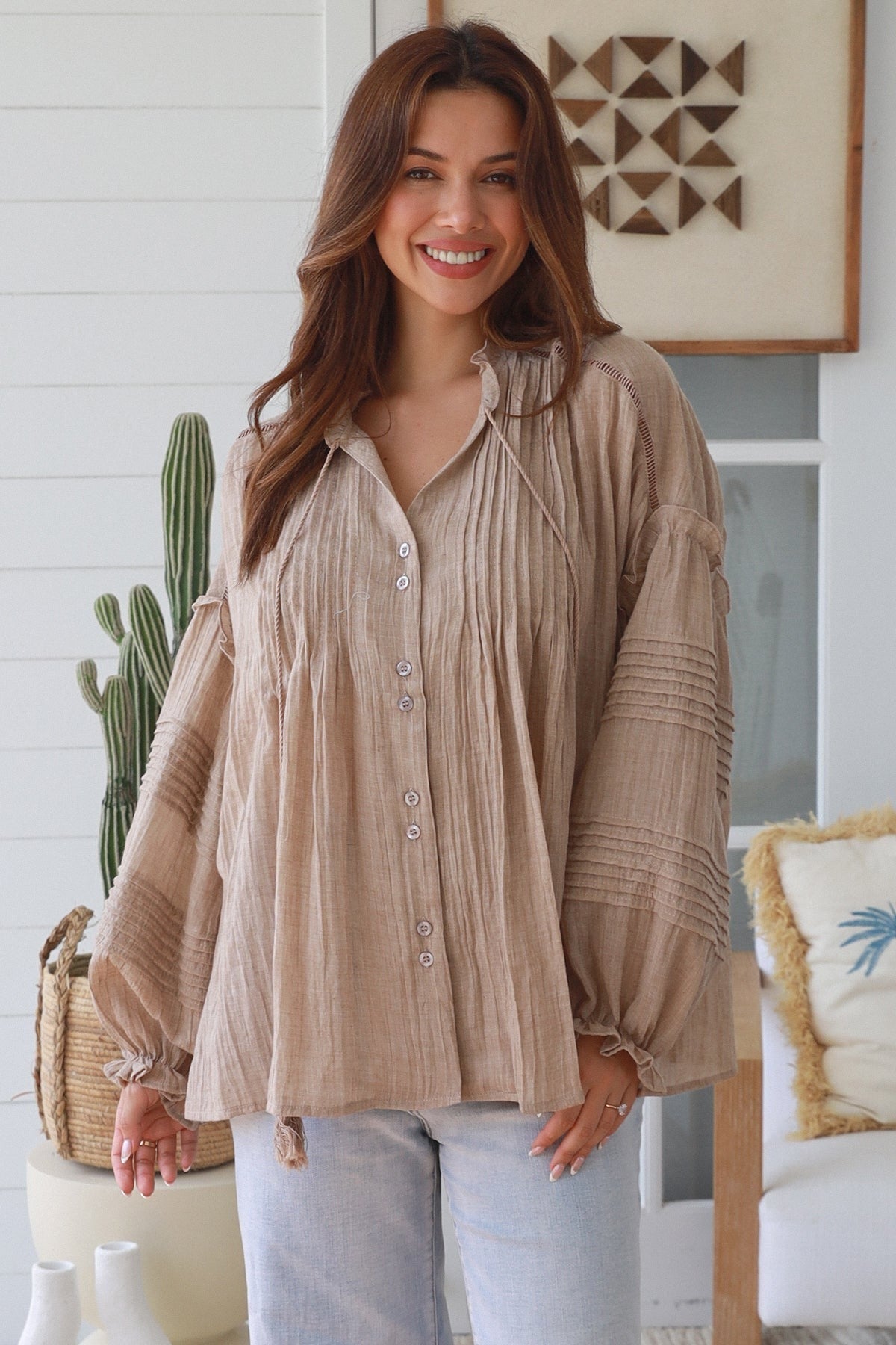 Wren Pintuck Blouse - Taupe - Isabella The Label