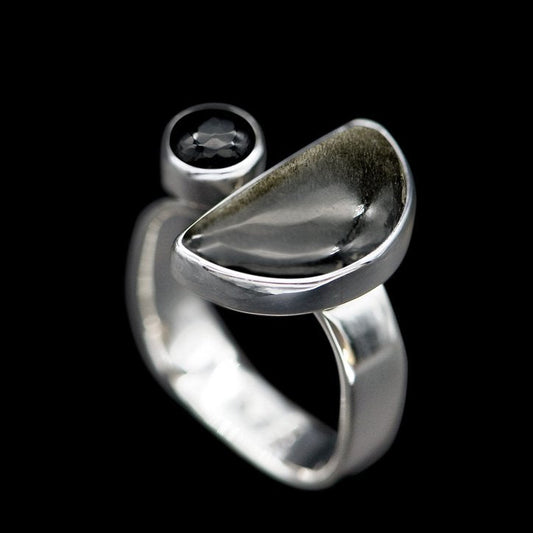 Celeste Gold Obsidian Ring - Silver