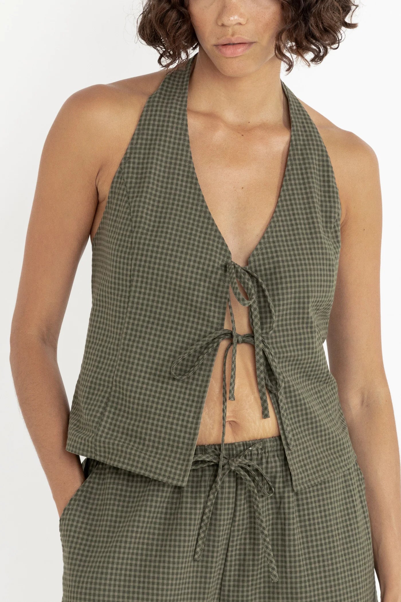 Louise Check Halter Top - Olive