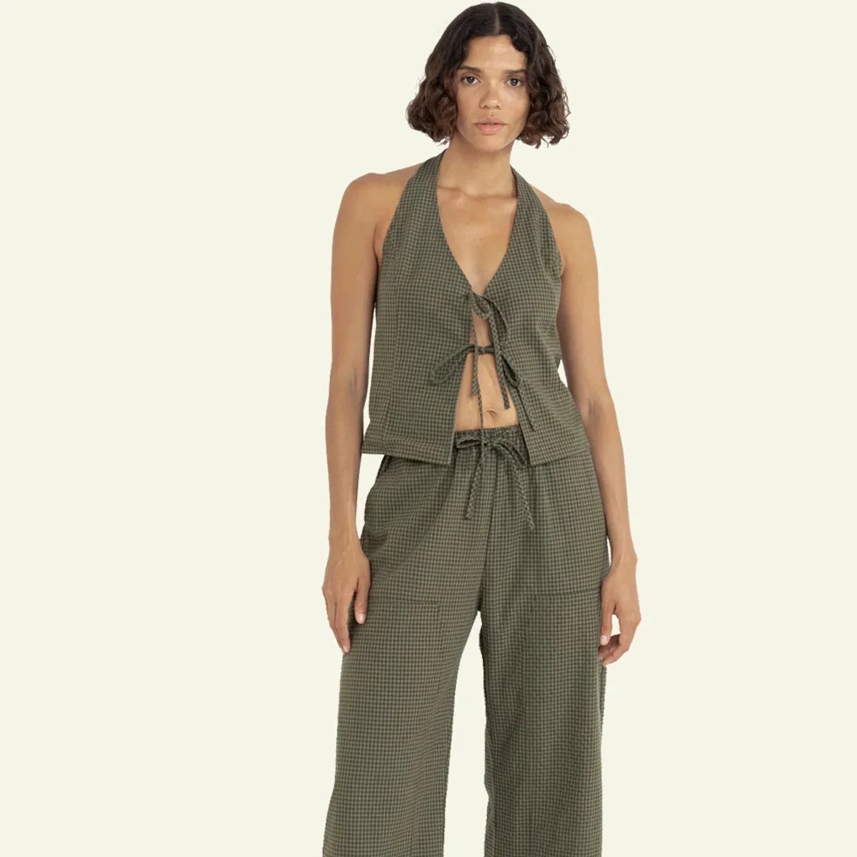 Louise Check Drawstring Pant - Olive
