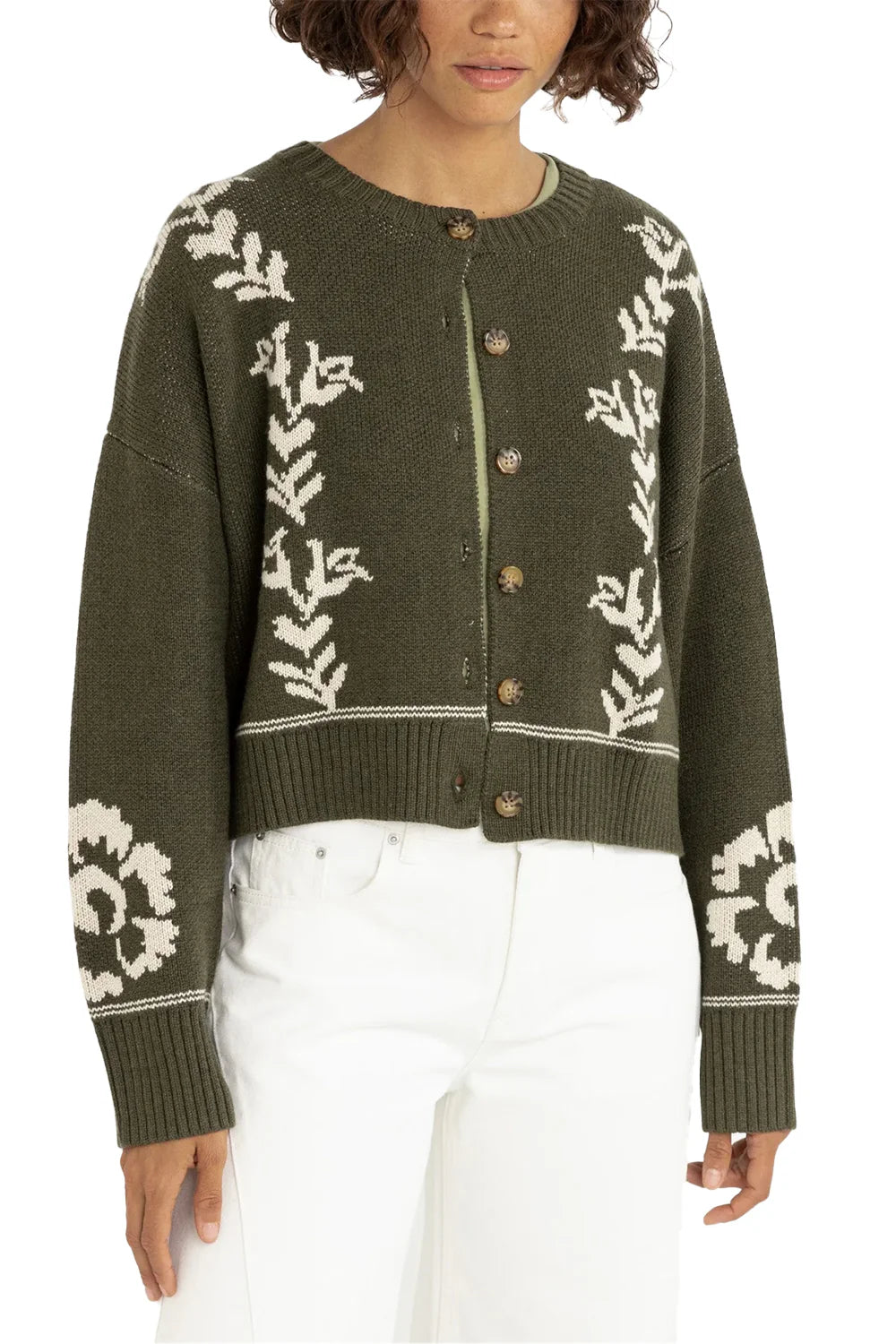 Antique Floral Crop Cardigan - Olive