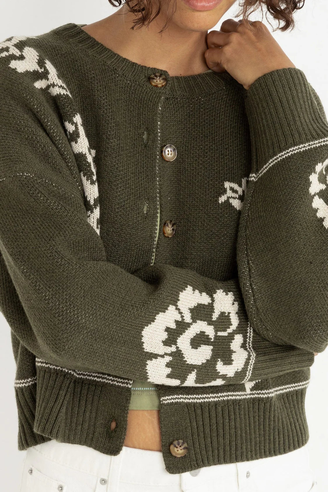 Antique Floral Crop Cardigan - Olive
