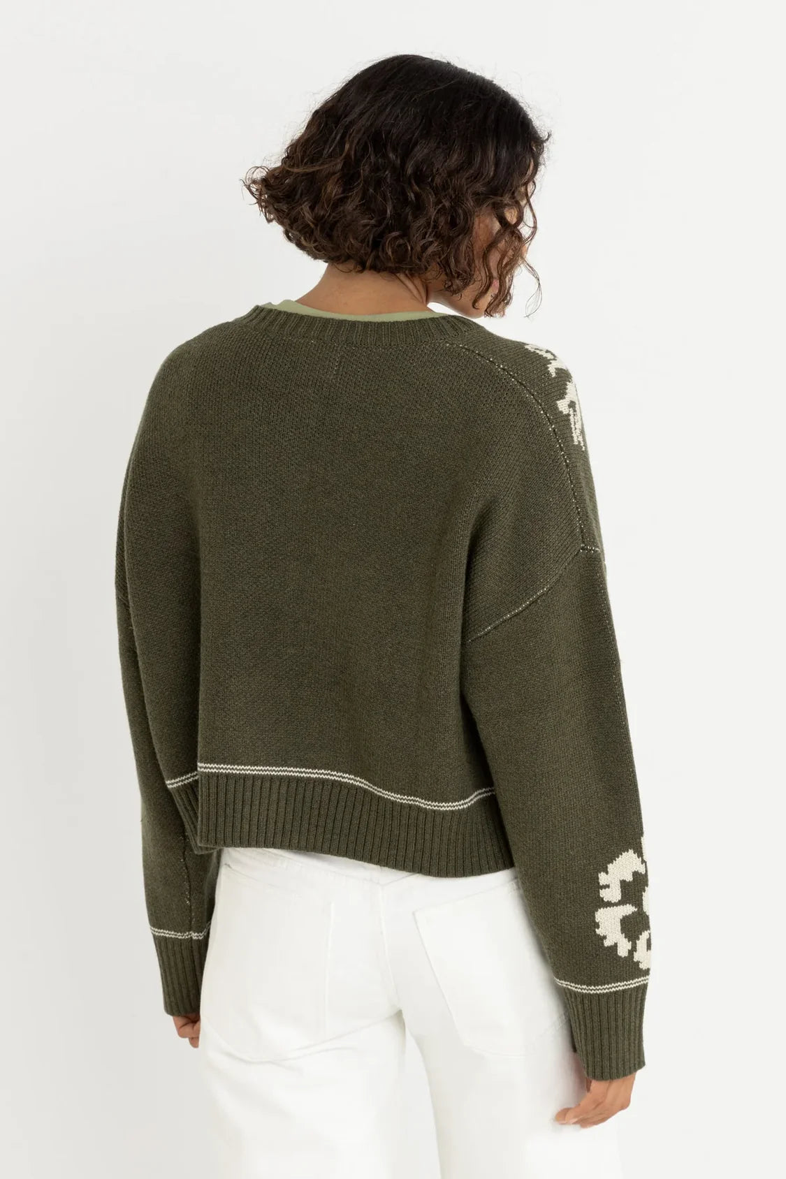 Antique Floral Crop Cardigan - Olive