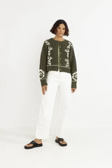 Antique Floral Crop Cardigan - Olive