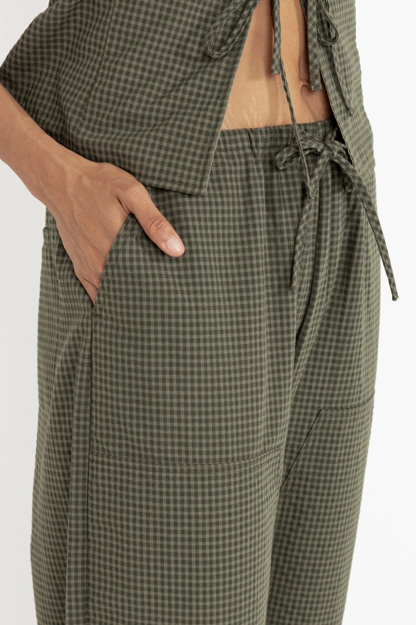 Louise Check Drawstring Pant - Olive