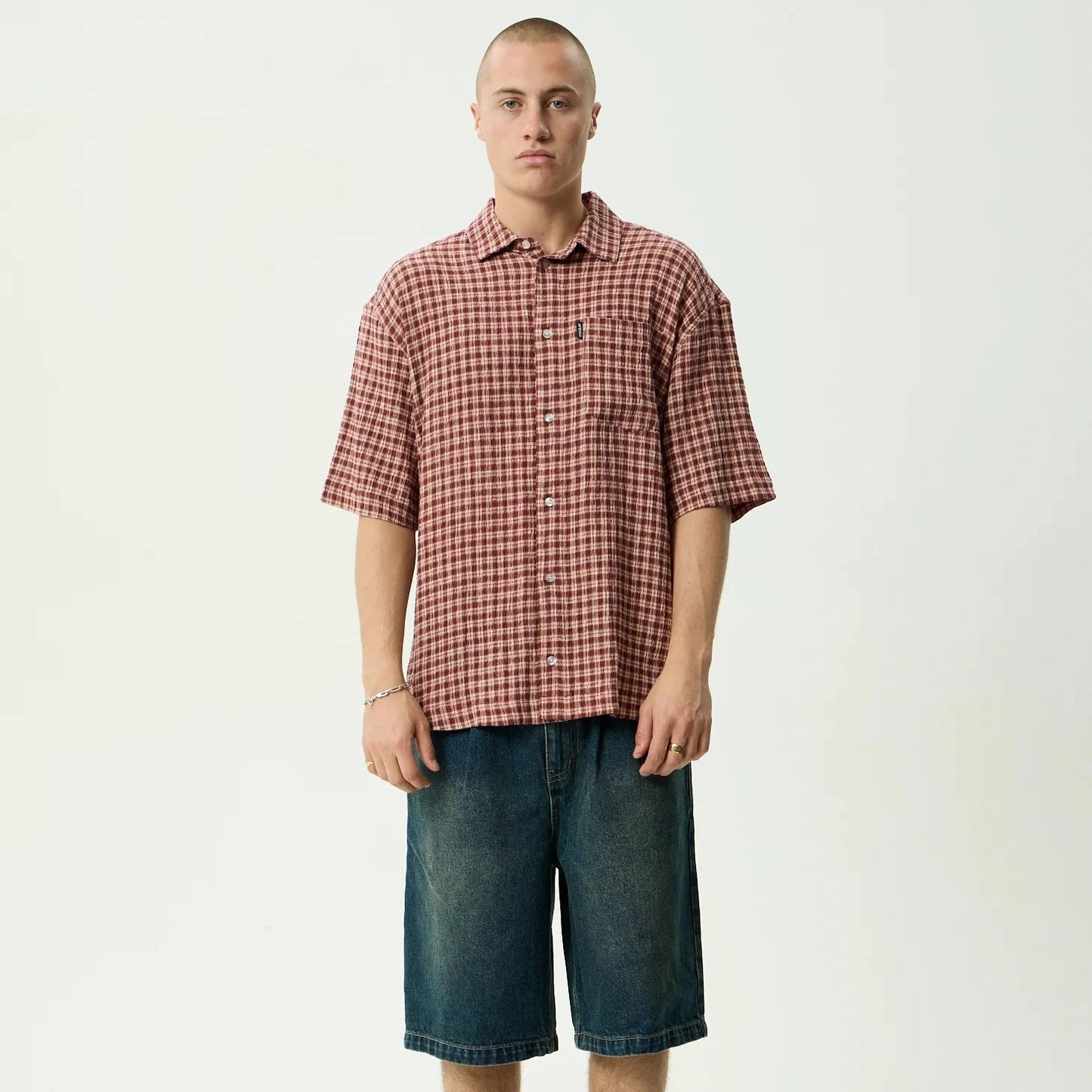 Capricorn Seersucker Short Sleeve Shirt - Burgundy / Beige Check