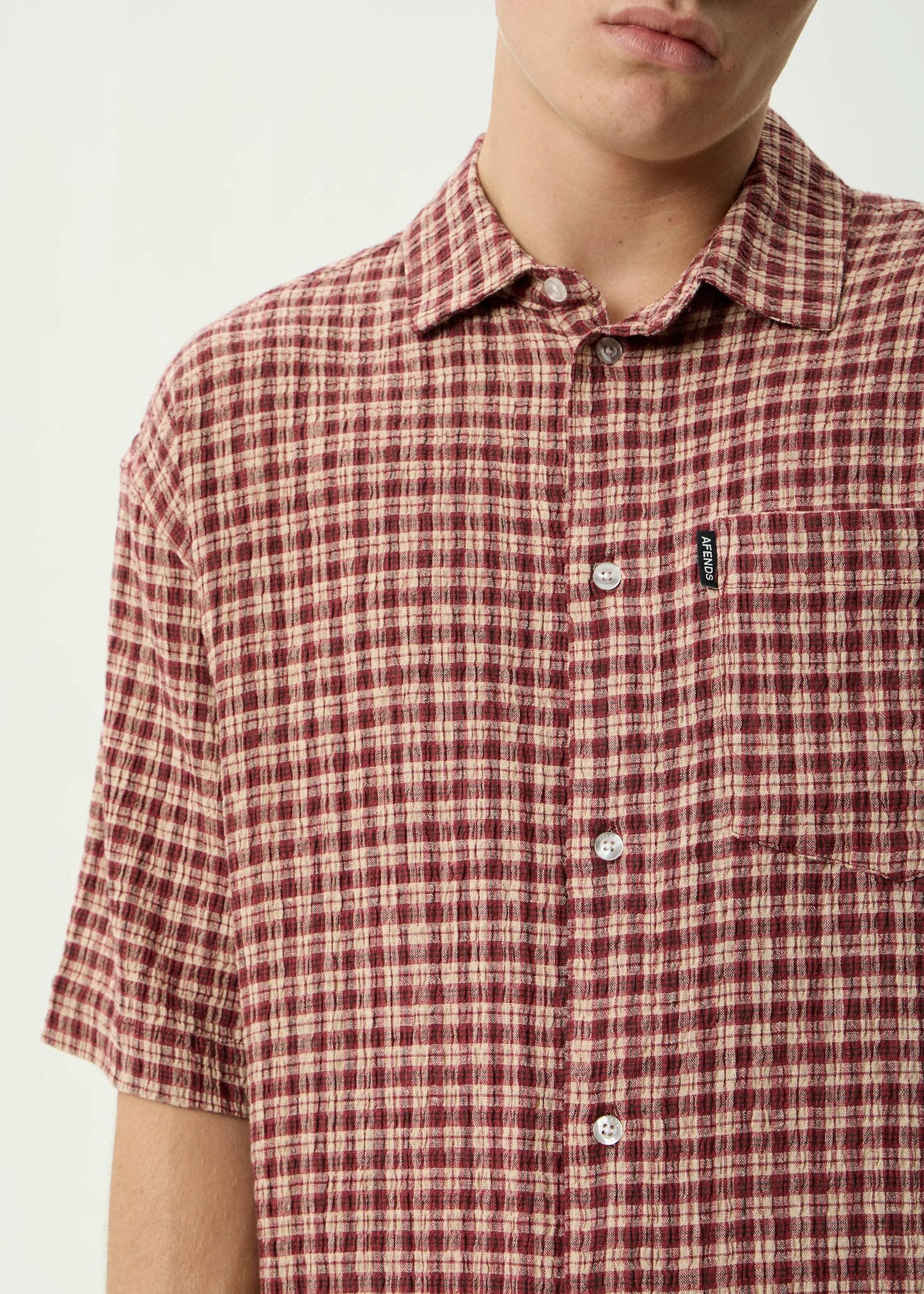 Capricorn Seersucker Short Sleeve Shirt - Burgundy / Beige Check