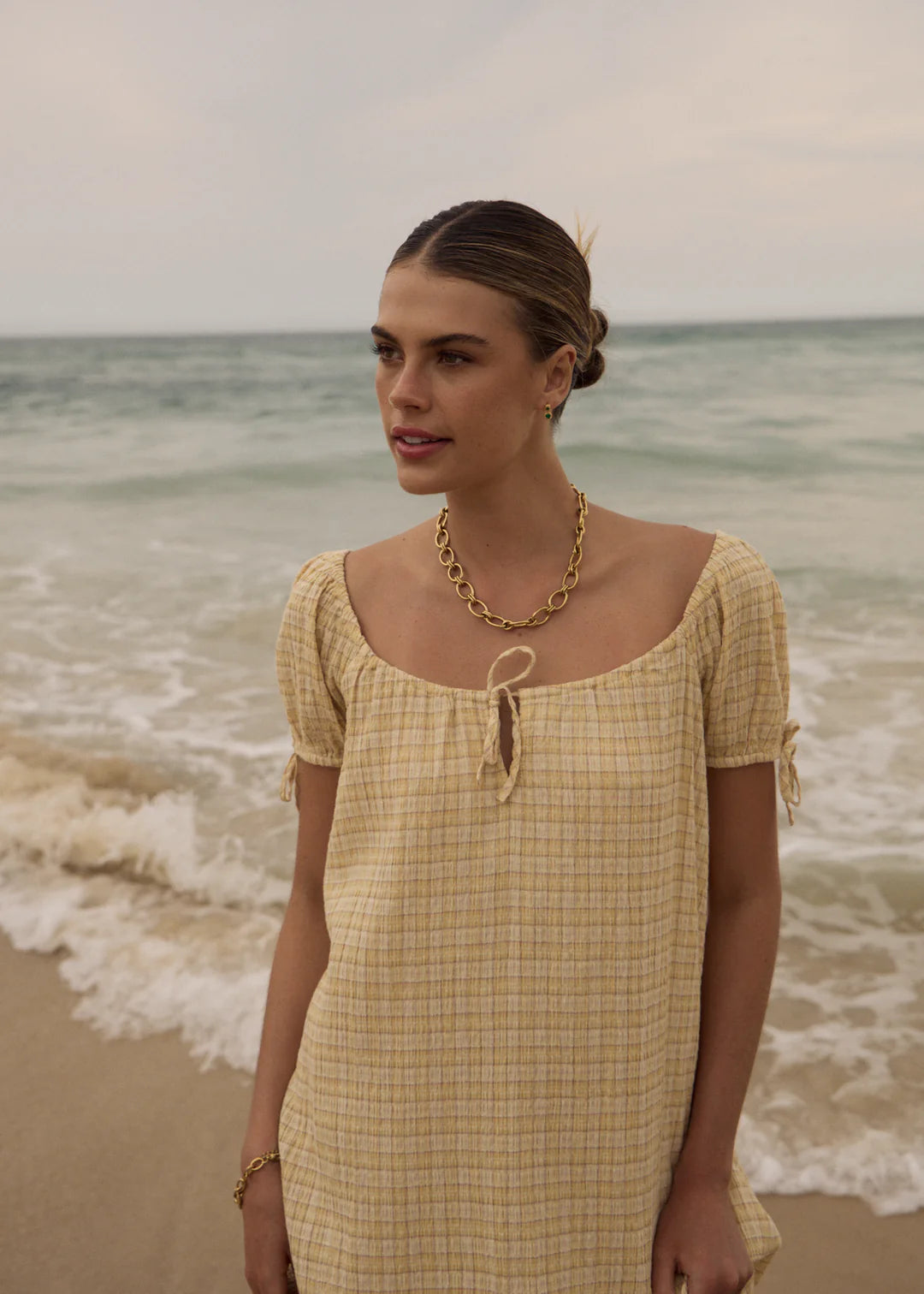 Sunday Hemp Seersucker Mini Dress - Lemon Check