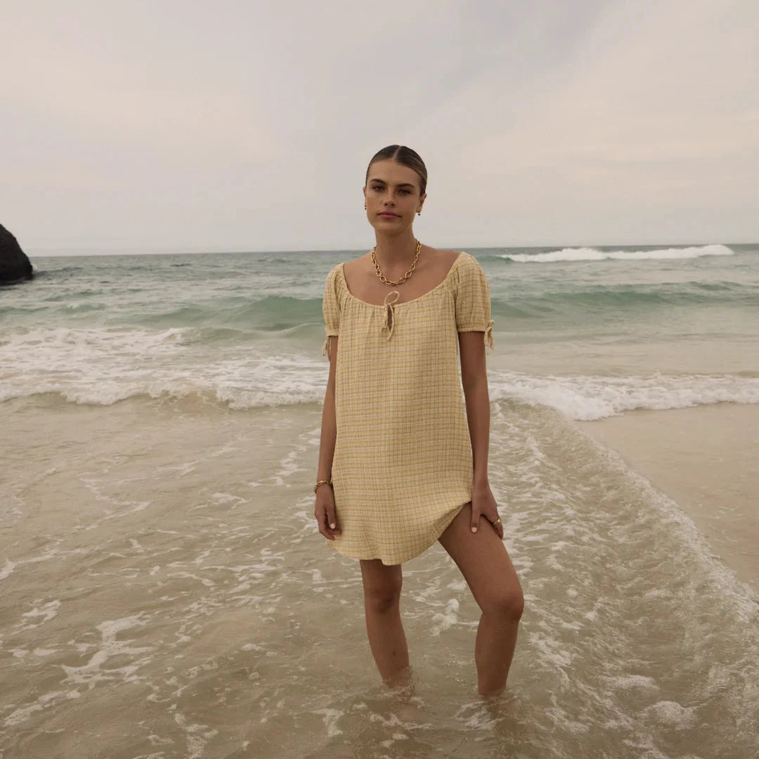 Sunday Hemp Seersucker Mini Dress - Lemon Check