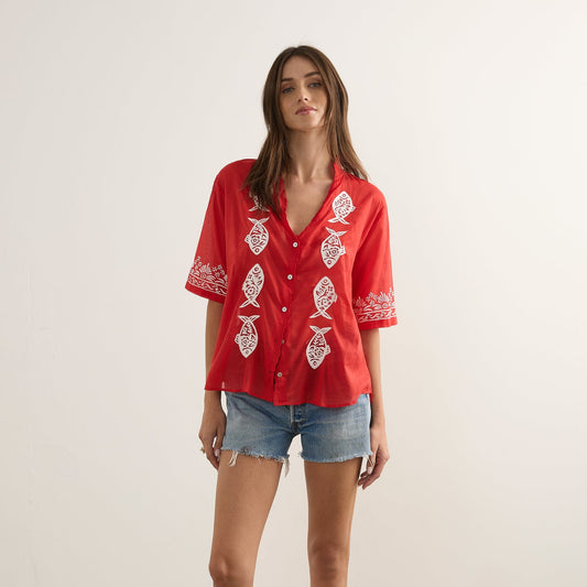 Sardine Embroidered Blouse - Red