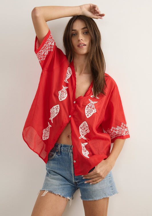Sardine Embroidered Blouse - Red