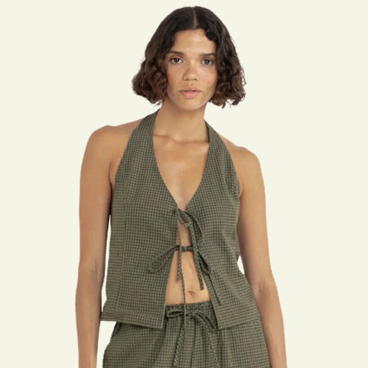 Louise Check Halter Top - Olive