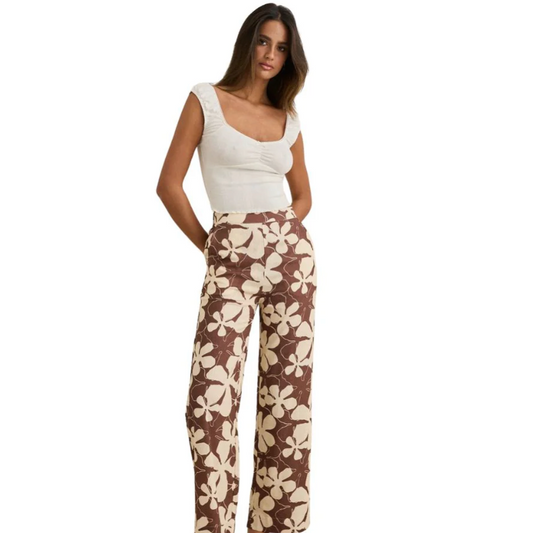 Melia Floral Wide Leg Pant - Chocolate