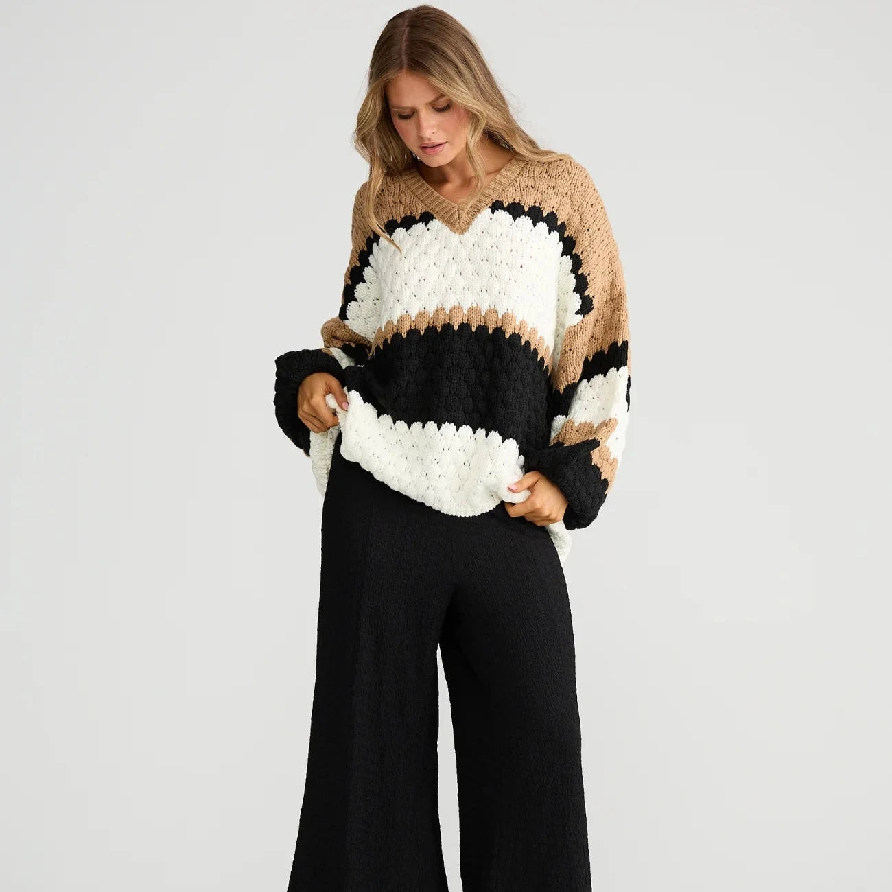 Airlie Knit - Black W Oat Stripe
