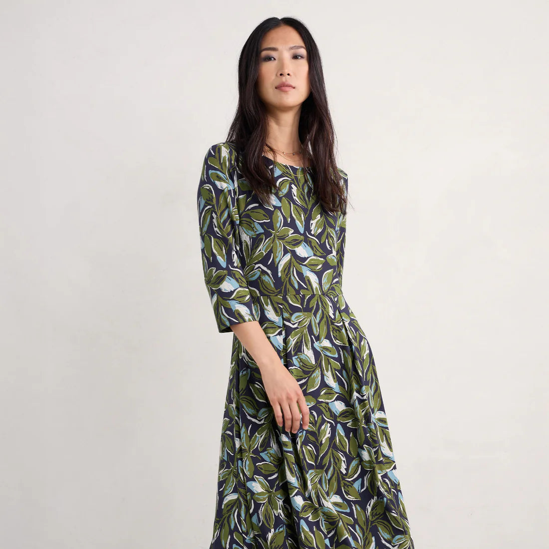 3/4 Wild Bouquet Dress - Tonal Leaves Maritime