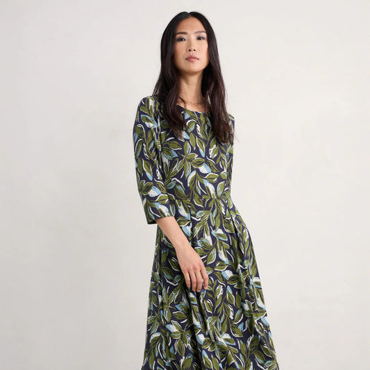 3/4 Wild Bouquet Dress - Tonal Leaves Maritime