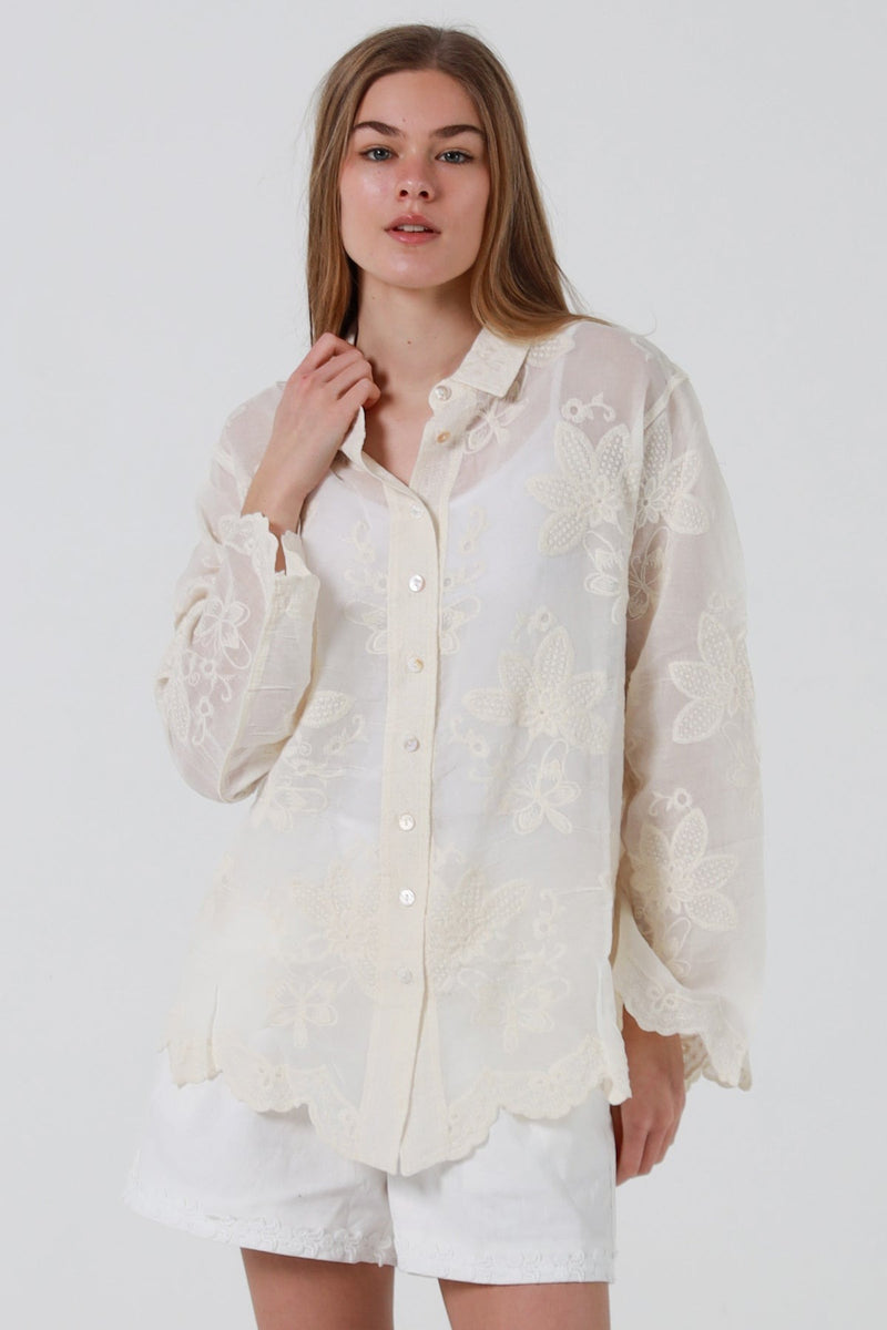 Ivy Embroidered Shirt - Beige