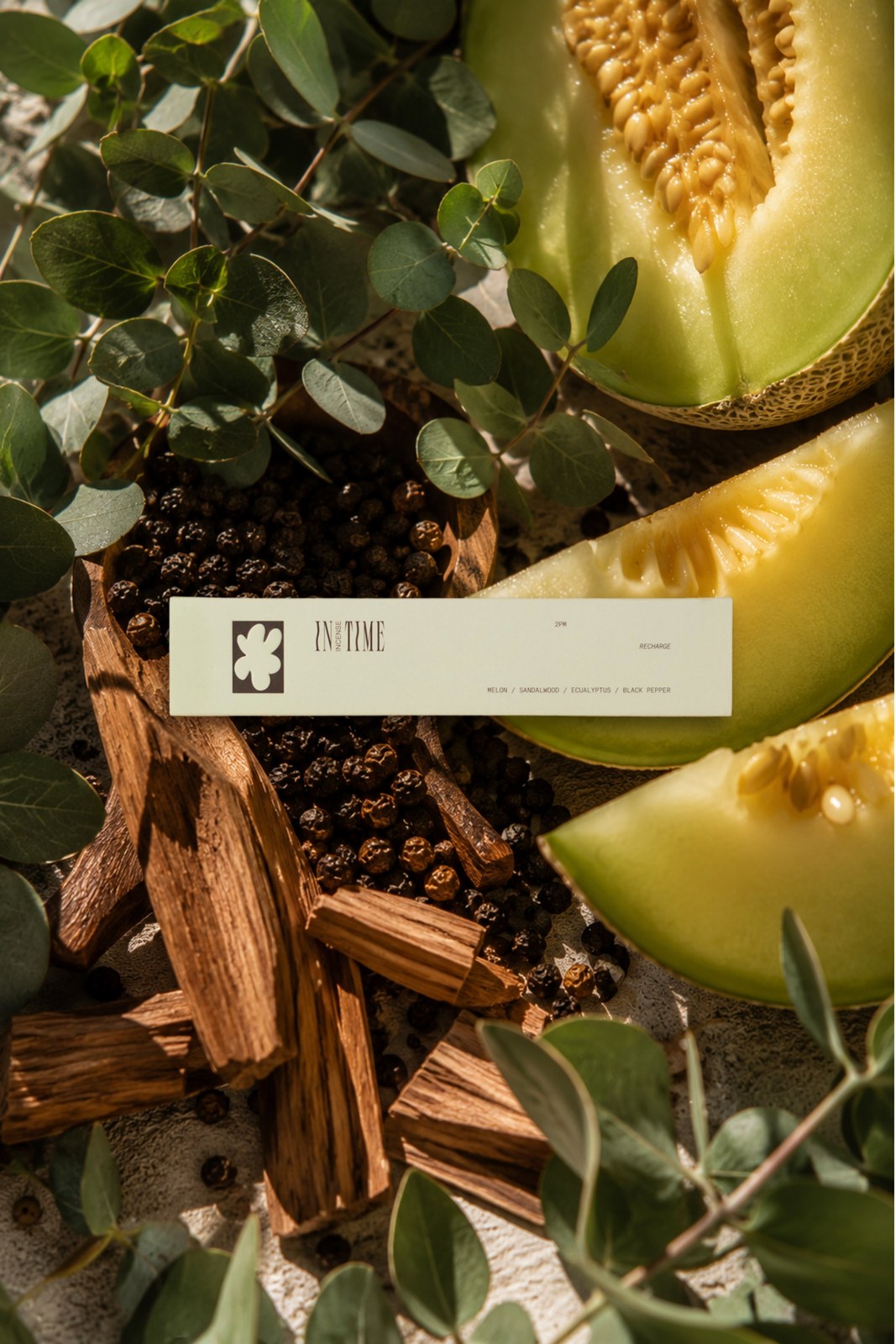 2PM Recharge Incense scent notes: Melon, Sandalwood, Eucalyptus & Black Pepper