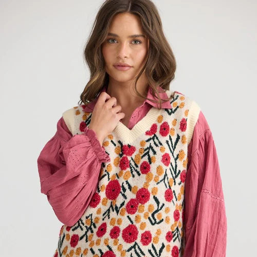 Flower Child Vee Neck Vest - Off White W Floral