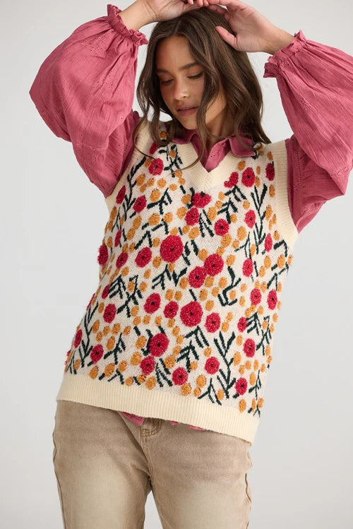 Flower Child Vee Neck Vest - Off White W Floral