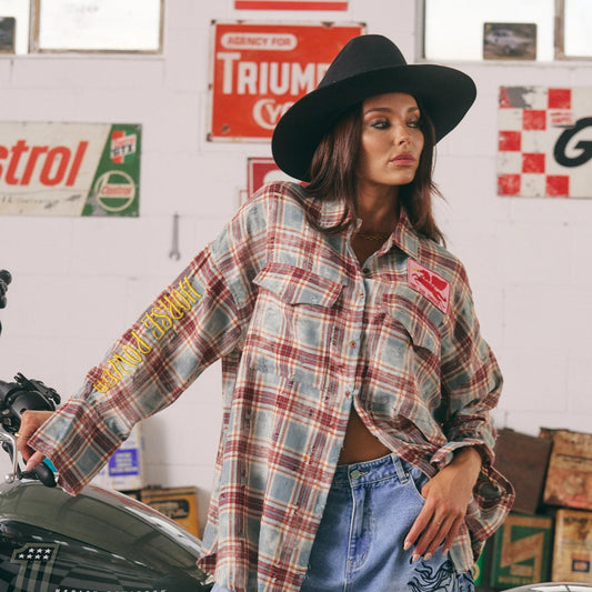 The Horses Power Distressed Flannel Shirt - Burgundy