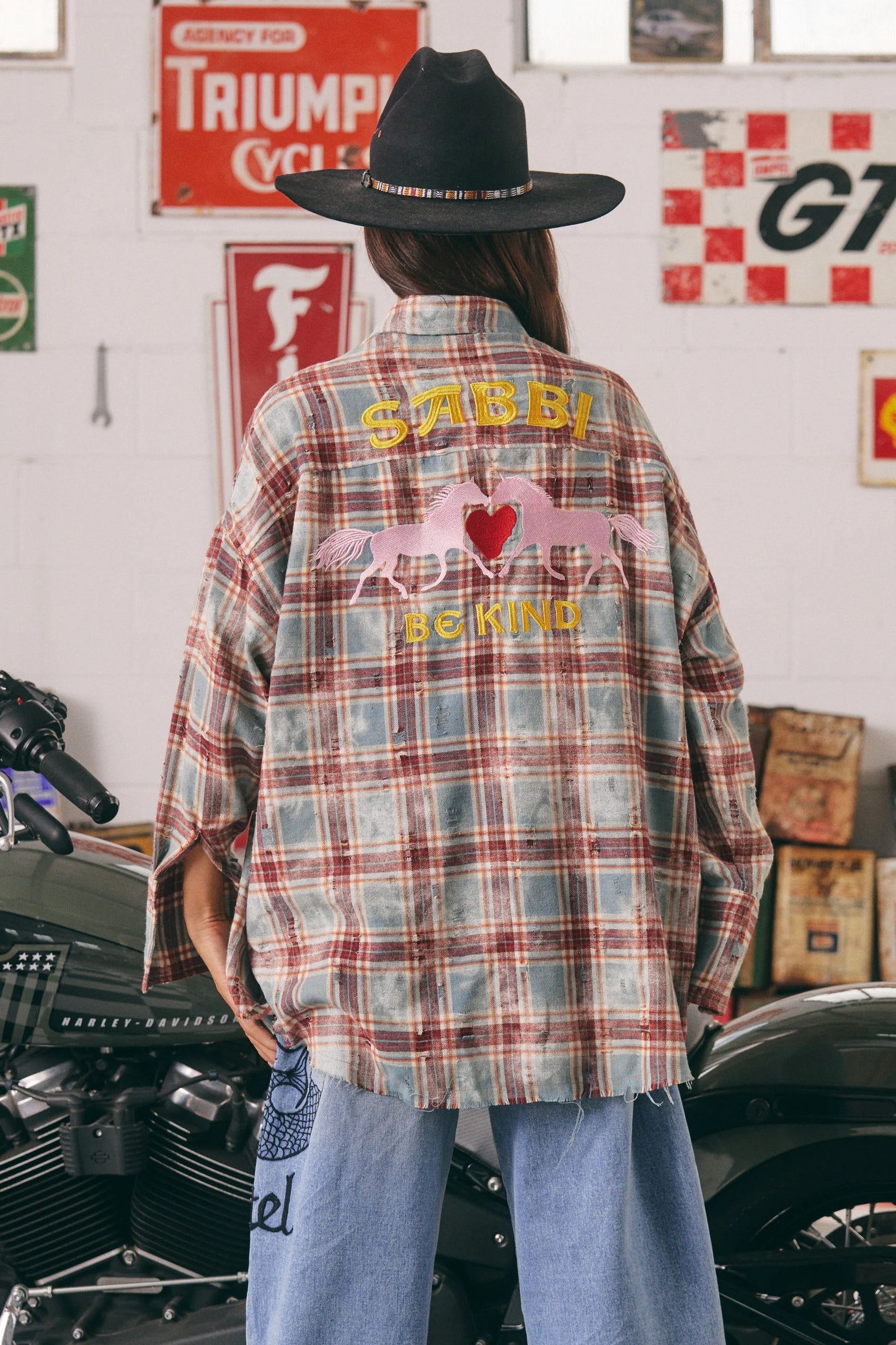 The Horses Power Distressed Flannel Shirt - Burgundy