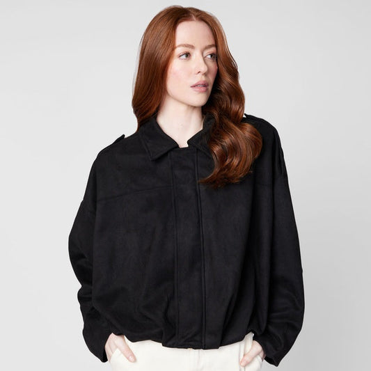 Faux Suede Bomber Jacket - Black
